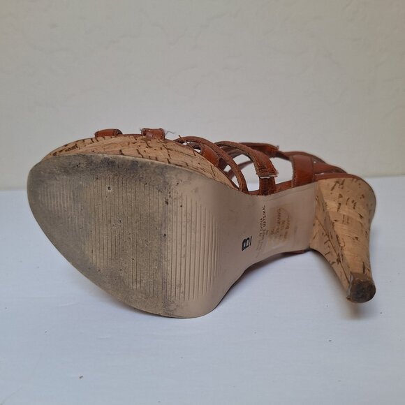 Y2K Bakers platform sandals strappy tan cognac leather cork caged chunky heels - Picture 12 of 12
